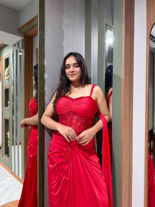 Designer Red Imported Silk Corset Blouse with Beads Work & Drape Skirt Set with Attached Dupatta