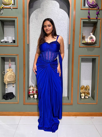 Designer Blue Imported Silk Drape Skirt Set with Beaded Corset Blouse & Attached Dupatta