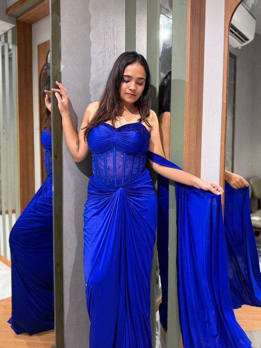 Designer Blue Imported Silk Drape Skirt Set with Beaded Corset Blouse & Attached Dupatta