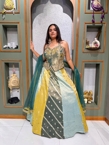 Designer Pastel Multi-Kali Banarasi Tissue Silk Chaniya Set with Embellished Long Blouse & Net Dupatta