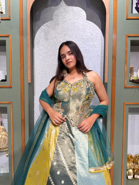 Designer Pastel Multi-Kali Banarasi Tissue Silk Chaniya Set with Embellished Long Blouse & Net Dupatta