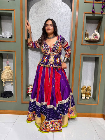Designer Red & Purple Kediya Chaniya Set with Kutchi Mirror Work, Bandhani Lumpy Border, & Georgette Dupatta