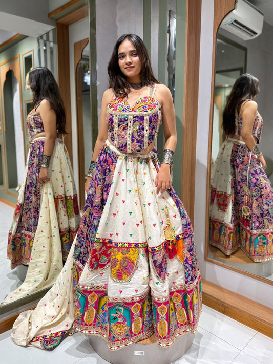 Designer White Khadi Cotton Chaniya Choli with Multi Vintage Patchwork Border, Kutchi Mirror Work Corset Blouse & Mirror Work Dupatta