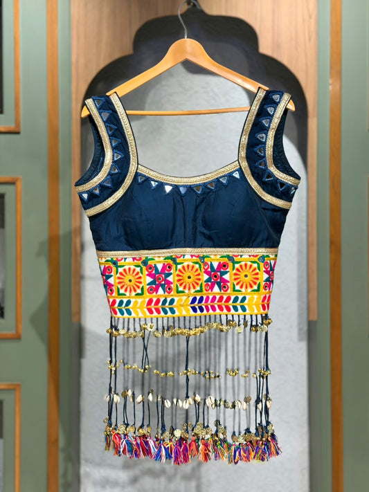 Designer Jam Cotton Long Kediya Style Blouse with Mirror Handwork, Kutchi & Vintage Work and Designer Tassels