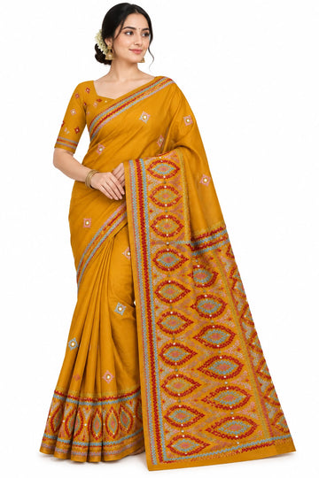 Elegant Semi Tussar Silk Saree with Traditional Rabari Bharat Embroidery