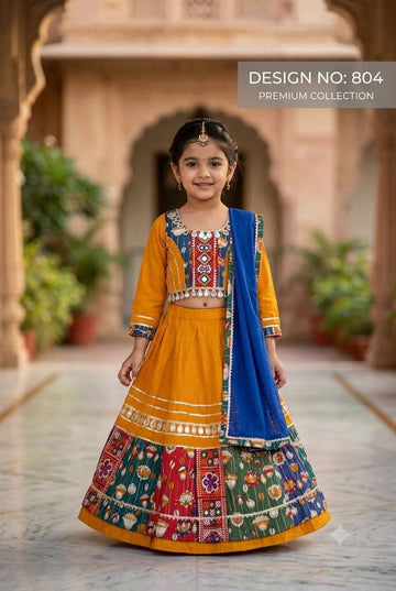 Designer Mustard Yellow & Multicolour Cotton Chaniya Choli with Roman Silk Blouse, Mirror Work, Kodi Work Lace & Embroidery