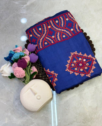 Pure Tussar Silk Saree With Kutchi And Mirror Work