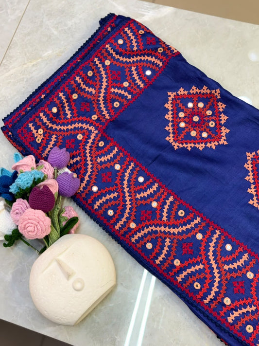 Pure Tussar Silk Saree With Kutchi And Mirror Work