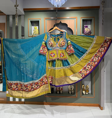 Designer Green & Sky Blue Jam Cotton Kediya Chaniya Set with Kutchi Mirror Work