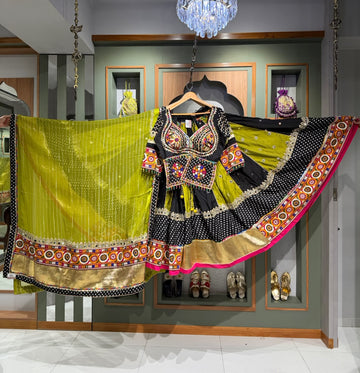Designer Green & Black Jam Cotton Kediya Chaniya Set with Kutchi Mirror Work & Lumpy Border