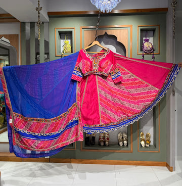 Designer Pink Bombay & Rayon Silk Multikali Chaniya Set with Kutchi Mirror Work & Blue Georgette Dupatta