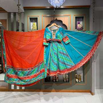 Designer Sky Blue Bombay & Rayon Silk Multikali Chaniya Set with Kutchi Mirror Work & Orange Georgette Dupatta