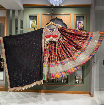 Designer Multicolor Chaniya Choli with 16+ Meter Flair and Black Dupatta