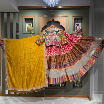 Designer Multicolor Chaniya Choli with 16+ Meter Flair and Golden Georgette Dupatta