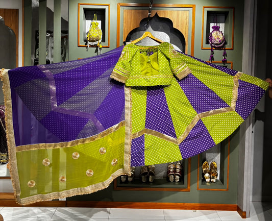 Designer Purple & Parrot Green Bandhani Chaniya Set In Angy Style Bandhani Blouse