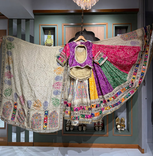 Royal Beige Multi-Colour Bandhani Kedia with Mirror & Ghungroo Work