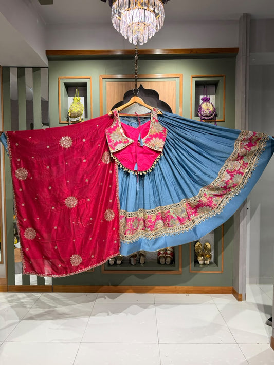 Ice Blue Vintage Mirror Work Chaniya with Long Pink Corset Blouse