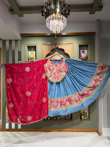 Ice Blue Vintage Mirror Work Chaniya with Long Pink Corset Blouse