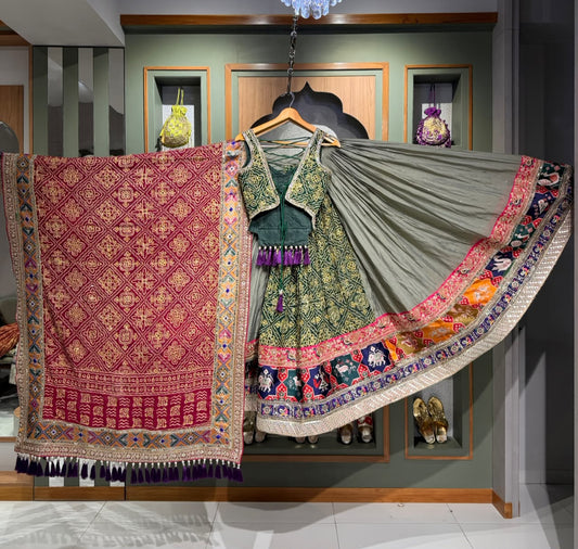 Designer Grey Mukesh Chaniya with Vintage GharChola & Green Corset Blouse