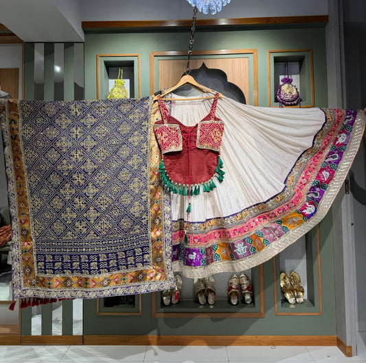 Designer White Mukesh Chaniya with Red Corset Blouse & Vintage Mirror Work