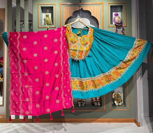 Designer Bombay Silk Chaniya Choli And Purple Blouse with Vintage & Mirror Work