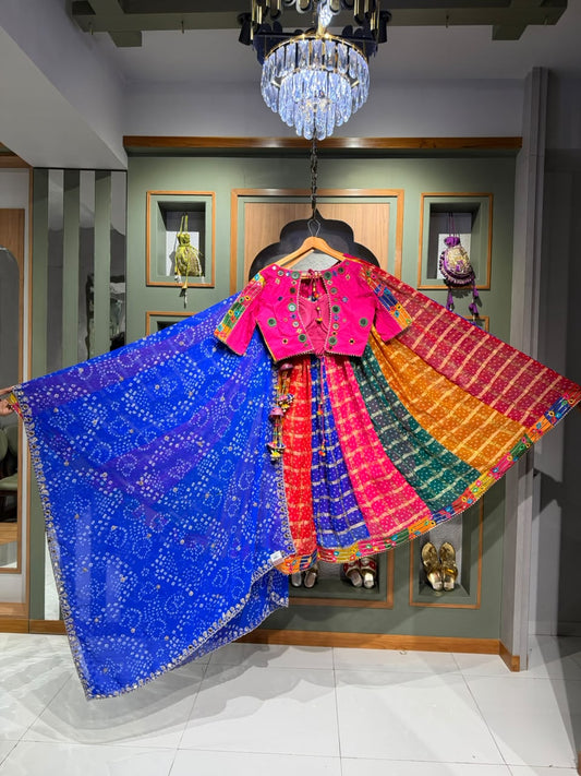 Designer Multicolour Bandhani Chaniya choli With Mirror Work