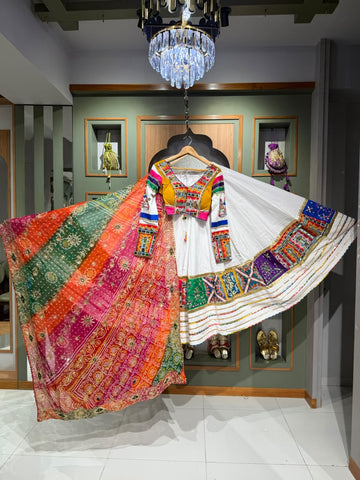 Designer Cotton White Chaniya With Multicolour Mirrow Work Border , Blouse With Mirror Work And Multicolour Dupatta