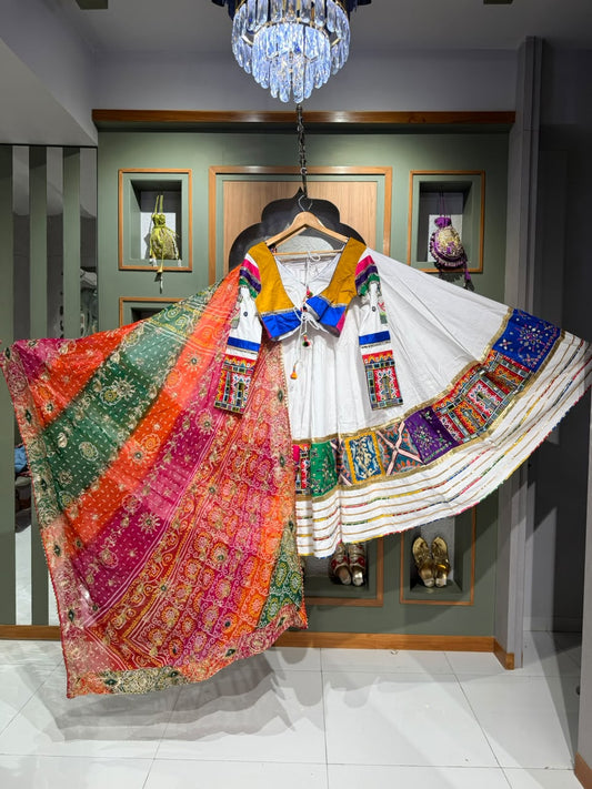 Designer Cotton White Chaniya With Multicolour Mirrow Work Border , Blouse With Mirror Work And Multicolour Dupatta