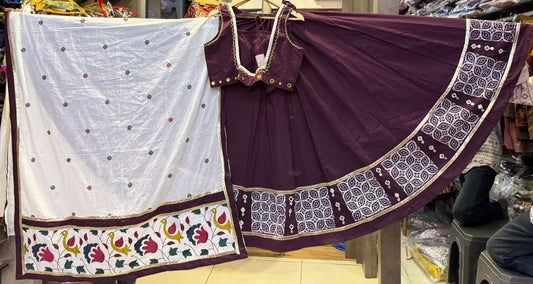 Designer Cotton Ajrakh Chaniya Choli With Mirror work