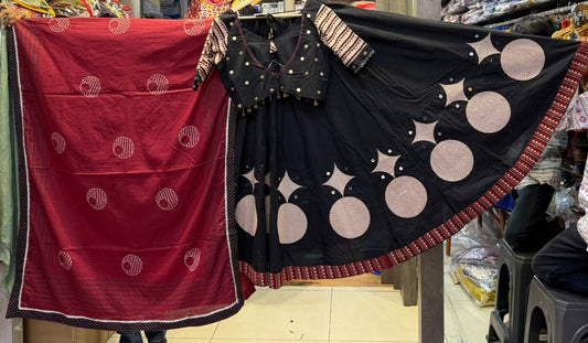 Designer Cotton Ajrakh Chaniya Choli With Mirror work