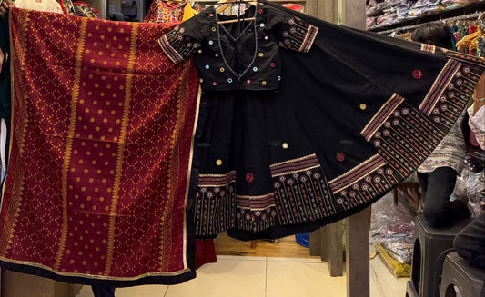 Designer Cotton Ajrakh Chaniya Choli With Mirror work
