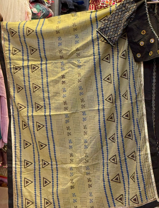 Designer Cotton Ajrakh Chaniya Choli With Mirror work