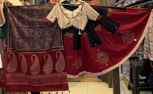 Designer Cotton Ajrakh Chaniya Choli With Mirror work