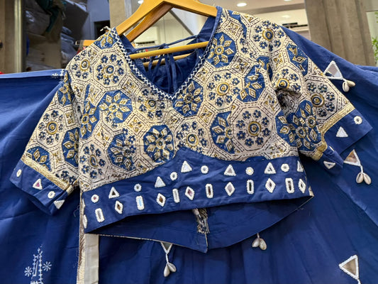 Designer Cotton Ajrakh Chaniya Choli With Mirror work