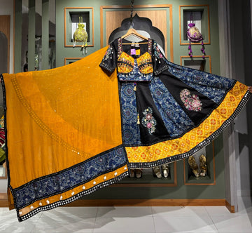 Designer Blue, Black & Yellow Mirror Work Chaniya Choli