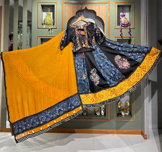 Designer Blue, Black & Yellow Mirror Work Chaniya Choli