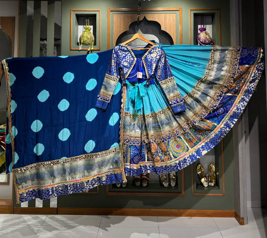 Designer Blue Banarasi & Shibori Chaniya Choli with Real Mirror & Vintage Work