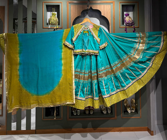 Firozi Blue & Mustard Green Ombre S Lumpy Chaniya Choli