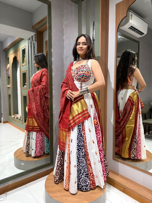 Designer White Cotton Multicolour Chaniya , Multicolour Blouse With mirror work Touch up and red bandhani dupatta