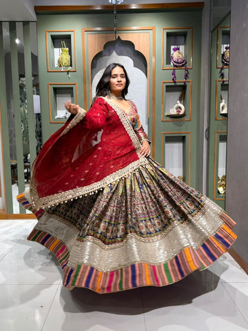 Designer Multicolor Chaniya Choli with 16+ Meter Flair and  Red Georgette Dupatta