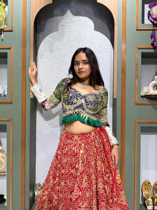 Designer Mustard Mukesh Chaniya with Green Ghar Chola Blouse & Mirror Work