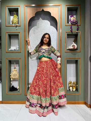 Designer Mustard Mukesh Chaniya with Green Ghar Chola Blouse & Mirror Work