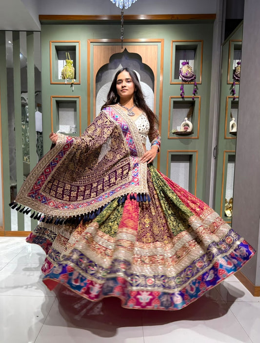 Designer Multicolour Mukesh Chaniya with White Ghar Chola Blouse & Mirror Work