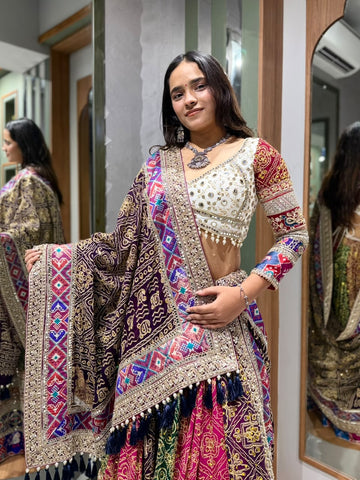 Designer Multicolour Mukesh Chaniya with White Ghar Chola Blouse & Mirror Work