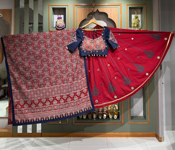 Maroon Ajrakh Cotton Chaniya Set with Navy Blue Kodi & Mirror Work Blouse