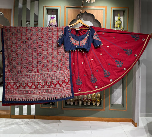 Maroon Ajrakh Cotton Chaniya Set with Navy Blue Kodi & Mirror Work Blouse