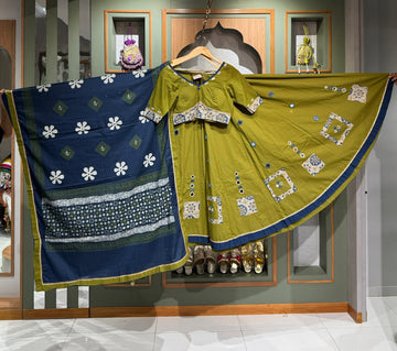 Mustard Green Ajrakh Cotton Chaniya Set with Navy Blue Mirror Work Blouse
