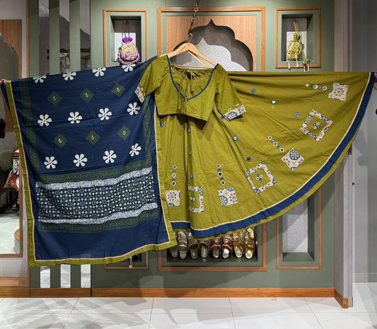 Mustard Green Ajrakh Cotton Chaniya Set with Navy Blue Mirror Work Blouse