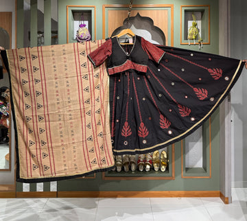Designer Black Ajrakh Chaniya Set with Beige Real Mirror Work Blouse