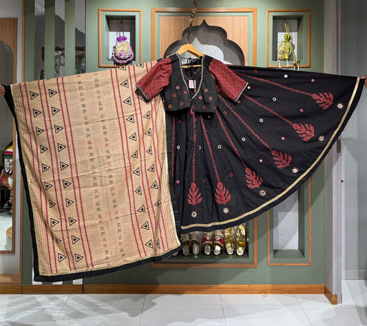 Designer Black Ajrakh Chaniya Set with Beige Real Mirror Work Blouse